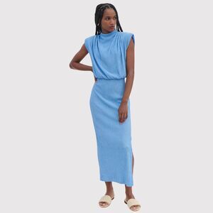NWT Saylor Dress Blue Fione Plisse Maxi Crinkle Pleat Blouson Slit Stretch XS